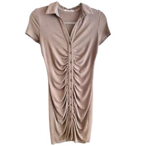 Alice Elle Marissa Ruched Bodycon Button Front Mini Dress Taupe Short Slvs Sz 8